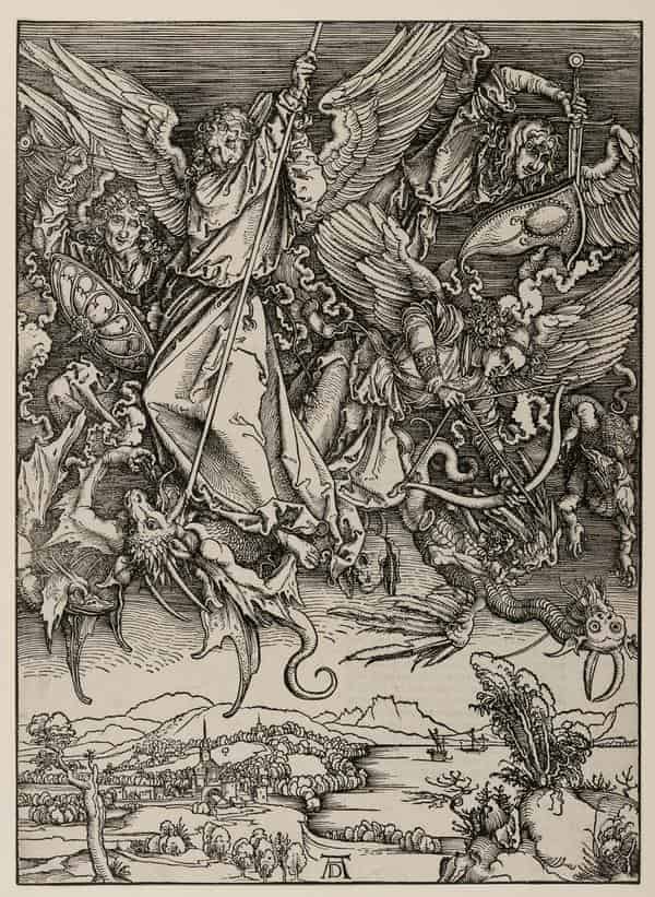 Albrecht Dürer (1471 - 1528), Michaels Kampf mit dem Drachen, aus der "Apokalypse" (deutsche Urausgabe; Off. d. Joh. 12, 7-9), (Nürnberg), 1498 Holzschnitt, mit Typendruck in Deutsch auf der Rückseite, Inv.-Nr. I,21,209, Kunstsammlungen der Veste Coburg